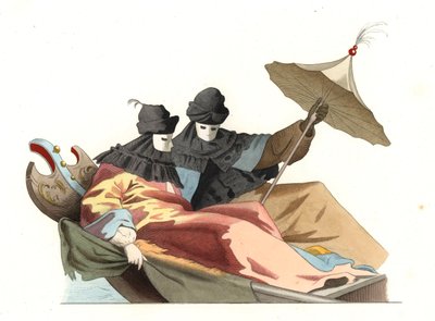 Venezianer mit Bauta-Maske, Italien 18. Jahrhundert, basierend auf einem Gemälde von Giovanni Antonio Canal dit Canaletto (1697-1768) - Lithographie basierend auf einer Illustration von Edmond Lechevallier-Chevignard (1825-1902), aus „Historische Kostüme d von Edmond Lechevallier Chevignard