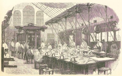 Silberschmiede bei der Arbeit in der Christophle-Besteckfabrik in Paris, veröffentlicht 1875 von Edmond Morin