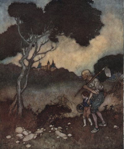 Dornröschen: Türme des Schlosses der Prinzessin erscheinen über den Bäumen von Edmund Dulac