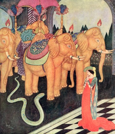 „Als Grannmia ihren seltsamen Liebhaber sah, blieb sie allein ruhig und mutig“, Illustration aus dem italienischen Märchen Der Schlangenprinz, aus Edmund Dulacs Märchenbuch: Märchen der Alliierten Nationen, veröffentlicht 1916 von Edmund Dulac
