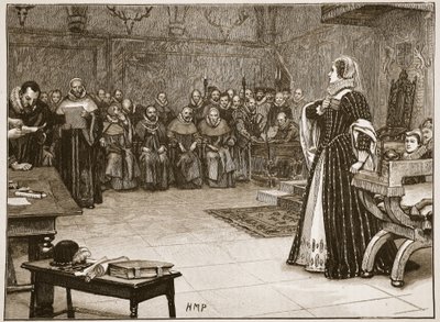 Prozess gegen Maria Stuart in Schloss Fotheringhay, Illustration aus 