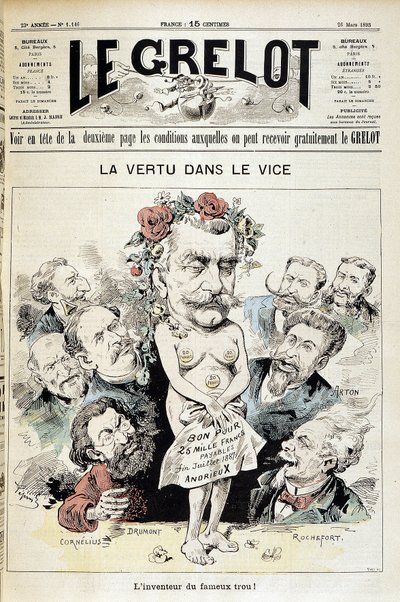 Karikatur über den Panama-Skandal: „Tugend im Laster: der Erfinder des berühmten Lochs!“ - Titelblatt „Le Grelot“ vom 26. März von Edouard Guillaumin Pepin
