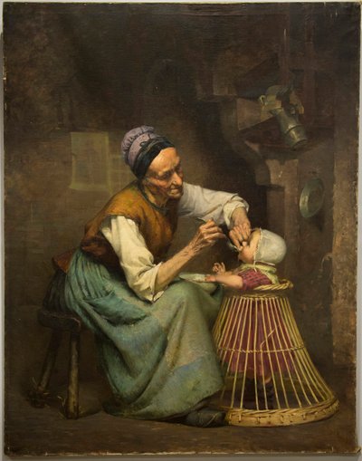 Eine alte Frau füttert ihre Enkelin in einem Weidenkinderwagen von Edouard Jerome Paupion