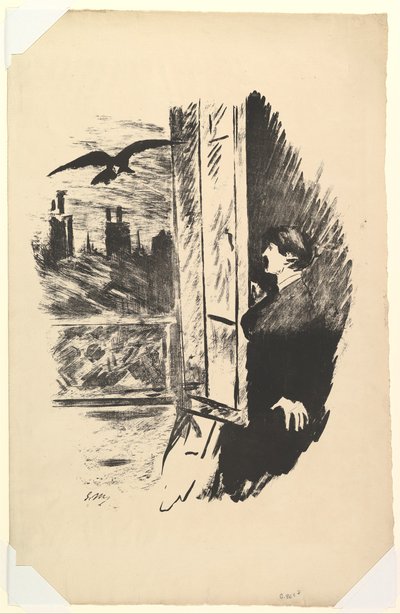 Hier öffnete ich hastig den Fensterladen. Illustration zu Der Rabe von Edgar Allan Poe von Édouard Manet