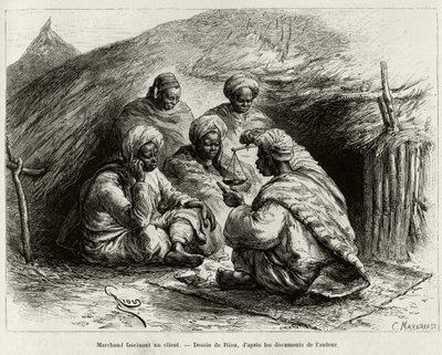 Ein Händler fasziniert einen Kunden, der auf dem Boden auf einer kleinen Matte sitzt und den Artikel mit einer Waage hält. Gravur von Riou zur Illustration der Geschichte „Vom Niger zum Golf von Guinea“ von Kapitän Louis Gustave Binger (1856-1936), 1887-1 von Edouard Riou