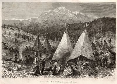 Ein Indianerlager im Utah-Territorium, am Ufer des Riviere Verte. Gravur nach der Zeichnung von E. Riou, um die Geschichte La conquete blanche von William Hepworth Dixon in 1875 zu illustrieren, veröffentlicht in "Le tour du monde" 1876, herausgegeben von  von Edouard Riou