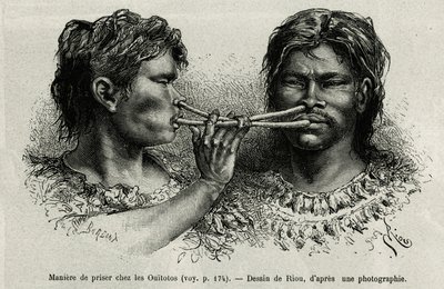 Ein Instrument aus Vogelknochen und eine Art Schnupfen unter den Indianern Ouïtotos (Uitoto), die im Einklang blasen und gleichzeitig den Fang senden. Gravur von Riou, zur Illustration der Geschichte De Cayenne aux Andes, von Jules Crevaux, Arzt der franzö von Edouard Riou