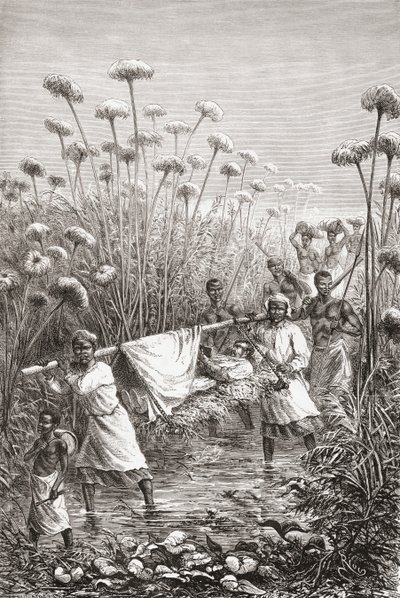 Dr. David Livingstone wird die letzten Meilen zum Dorf Tchitammbo, Afrika, kurz vor seinem Tod getragen, Illustration aus "The World in the Hands", graviert von Henri Theophile Hildibrand von Edouard Riou