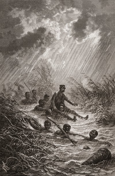 Dr. David Livingstone wird während seiner Expedition nach Afrika 1872 von Trägern durch einen Sumpf getragen, Illustration aus „Die Welt in den Händen“, graviert von Charles Laplante von Edouard Riou