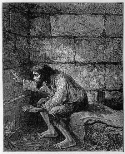 Edmond Dantès, der Graf von Monte Cristo in seinem Gefängnis - Gravur von Riou, in „Der Graf von Monte-Cristo“ von Alexandre Dumas, Rouff & Cie von Edouard Riou