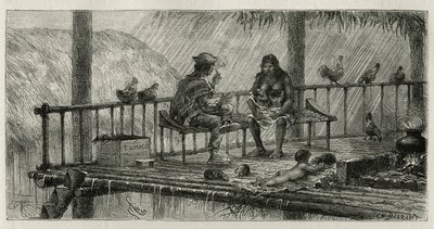 Innenszene in San Pablo, eine Familie, die sich vor dem Regen schützt, der Vater raucht eine Zigarillo, die Mutter stillt zwei Babys, und das Kind spielt mit einem kleinen Tier, auf dem Boden auf einer Tierhaut liegend, Illustration von Riou von Edouard Riou