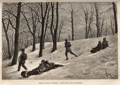 Schlitten und Schlittschuhläufer auf dem Plateau des Mont-Royal, in der Nähe von Montreal, Gravur nach einer Zeichnung von Riou, zur Illustration des Ausflugs nach Kanada und der Riviere Rouge du nord, von H. De Lamotte, 1873, veröffentlicht in „Le tour du von Edouard Riou