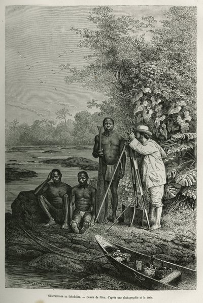 Beobachtung am Theodolit, Dr. Crevaux mit seinen Messinstrumenten und seinem Team von Führern und Trägern, bei voller Arbeitssitzung, Gravur nach einer Zeichnung von Riou, um die Geschichte De Cayenne aux Andes von Jules Crevaux, Arzt der französischen Mar von Edouard Riou
