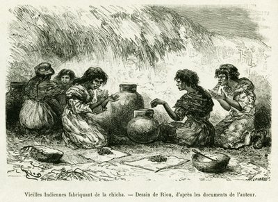 Alte indische Frauen machen Shisha. Gravur von Riou zur Illustration der Geschichte Voyage dans le delta du Pilcomayo et de Buenos Aires a Sucre von Edouard Riou