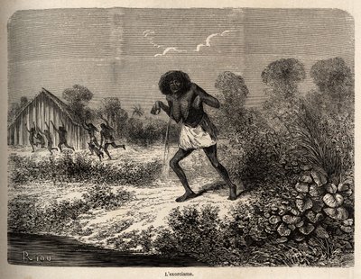 Panik unter den Conibos-Indianern, die bei der Ankunft der Expedition von Paul Marcoy in der Nähe von Tumbaya (Peru) flohen, der selbst Opfer einer bösen Beschwörung durch einen alten Indianer wurde, Zeichnung von Riou zur Illustration der Reise von 1848 b von Edouard Riou