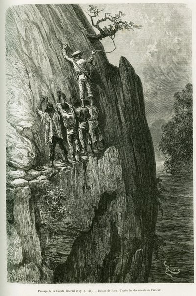 Passage der Cuesta Infernal. Gravur von Riou zur Illustration der Geschichte Voyage dans le delta du Pilcomayo et de Buenos Aires a Sucre von Edouard Riou
