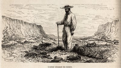 Paul Marcoy exhumiert Inka-Mumien (Unteres Peru), Gravur von E. Riou zur Illustration der Reise in die Berge, das Tal von Huarancalqui und die Regionen von Pjonal, 1862-1863, von Paul Marcoy, veröffentlicht in „Le tour du monde“ 1875, herausgegeben von Edo von Edouard Riou