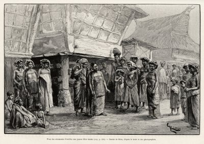 Spielende Ohrschmucke bei Batak-Mädchen, ethnische Gruppe von Nord-Sumatra. Gravur von Riou zur Illustration der Geschichte „Ein Jahr in Malaysia“, von Jules Claine (1856-1939) von Edouard Riou