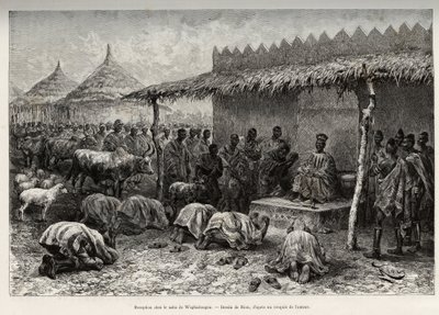 Empfang beim Naba Sanem, aus dem Mossi-Königreich von Waghadougou (Ouagadougou, Burkina Faso). Gravur von Riou, zur Illustration der Geschichte 