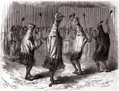 Ritueller Tanz der Ticuna-Indianer aus Peru mit Verkleidungen und Masken von Edouard Riou