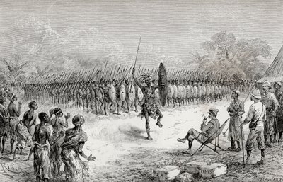 Sir Henry Morton Stanley beobachtet einen Phalanx-Tanz von Mazambonis Kriegern in Usiri, 1890 (Holzstich) von Edouard Riou