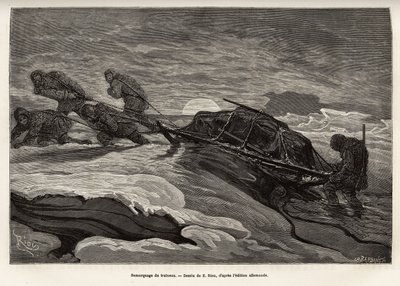 Die Besatzung des Schiffes La Germania, die auf dem Eis für ein Jagdspiel abgestiegen ist, zog ihren Schlitten auf dem Eis, während die Sonne untergeht, graviert nach der Zeichnung von E. Riou, zur Illustration einer Reise zum Nordpol in den Jahren 1869-18 von Edouard Riou