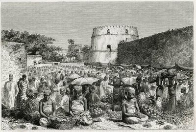 Der Obstmarkt von Sansibar (Tansania). Gravur von Riou zur Illustration der Geschichte „Reise nach Benadir, die Omalis und Bayoun“ 1882-1883, von M.G. Revoil. Veröffentlicht in Le Tour du monde, nouveau journal des voyages von Edouard Riou