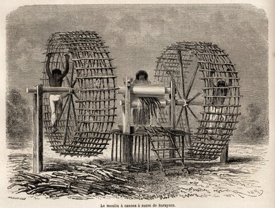Die Zuckerrohrmühle von Sarayacu (Peru), Zeichnung von Riou zur Illustration von Paul Marcoys Reise vom Pazifik zum Atlantik von 1848 bis 1860. Gravur in „Le tour du monde“, herausgegeben von Edouard Charton von Edouard Riou
