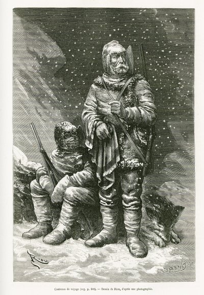Die Reisetracht von Leutnant Payer und Leutnant Weyprecht, mehrere Kleidungsschichten, um den Schneestürmen zu trotzen, eine einziehbare Lederjacke, um das Gesicht vor Frost zu schützen, Stiefel und Fäustlinge aus Segeltuch und Flanell und schwere Brillen. von Edouard Riou