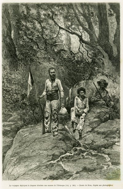 Der Reisende entfaltet die Trikolore an den Quellen des Orinoco. Gravur von Riou zur Illustration der Geschichte „Reise zu den Quellen des Orinoco“ 1886-1887, von Jean Chaffanjon, im Auftrag des Bildungsministeriums, in Le Tour du monde 1888, herausgegeben von Edouard Riou