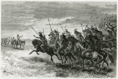 Tobas-Indianer (aus der Chaco-Region, zwischen Paraguay und Bolivien) weigern sich, zur Kolonne der Thouar-Expedition zu gehen. Gravur von Riou, zur Illustration der Geschichte „Auf der Suche nach den Überresten der Crevaux-Mission“, 1884, von A. Thouar. von Edouard Riou