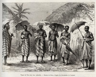Ton-Typ mit ihrem Regenschirm. Gravur von Riou, zur Illustration der Geschichte „Von Niger zum Golf von Guinea“ von Kapitän Louis Gustave Binger (1856-1936), in 1887-1889, in Le tour du monde, nouveau journal des voyages, unter der Leitung von Edouard Char von Edouard Riou