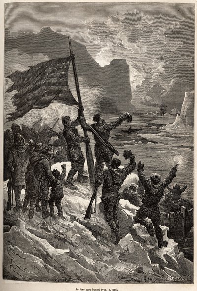 Die Besatzung von Tyson, nach mehreren Tagen auf einem Eisberg treibend, sah schließlich einen Walfänger und schwenkte die amerikanische Flagge, um gesehen und gerettet zu werden, graviert nach einer Zeichnung von E. Riou, zur Illustration der Geschichte d von Edouard Riou