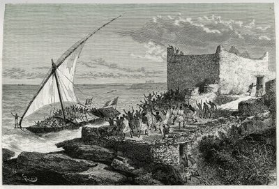 Mit dem Dung der Reisenden, die den Hafen von Moguedouchou (Mogadischu) betreten, machen die Matrosen einen großen Lärm, um die Menschen anzulocken, die sie mit Begeisterungsrufen empfangen. Gravur von Riou, zur Illustration der Geschichte „Reise bei den B von Edouard Riou