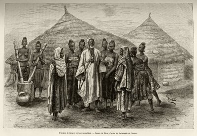 Frauen von Samory Toure (circa 1835-1898), Kriegsherr der Niger-Schleife und ihr Aufseher, Sonninke, der Arabisch lesen und schreiben kann, wie das Papier in seiner Hand zeigt. Gravur von Riou, zur Illustration der Geschichte 