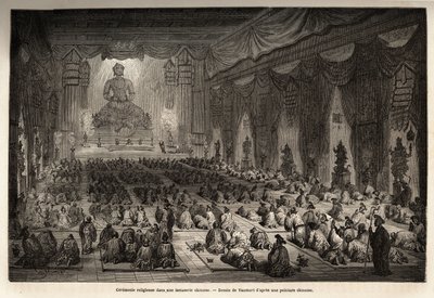 Religiöse Zeremonie in einer chinesischen Lamasserie, Zeichnung von Vaumort (?-1886), zur Illustration der Reise von Shanghai nach Moskau von 1859 bis 1862 von M. de Bourboulon, französischer Minister in China. Gravur in „Le tour du monde“, herausgegeben v von Edouard Vaumort