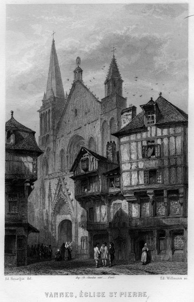 Ansicht der Stadt Vannes und der Kirche Saint Pierre, Morbihan, Bretagne, Frankreich. Gravur von Willmann in „La France ancienne et moderne“ von Jean-Bernard Mary-Lafon von Edouard Willmann