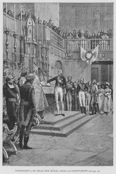 Ferdinand I., König beider Sizilien, schwört die Verfassung von Edouardo Matania
