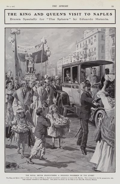 König Edward VII. und Königin Alexandra begegnen einer religiösen Prozession auf einer Straße während ihres Besuchs in Neapel, Italien von Edouardo Matania