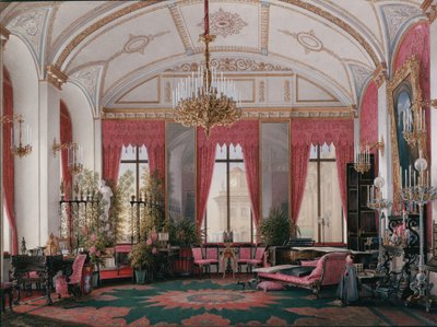 Innenräume des Winterpalastes. Das Himbeerzimmer von Kaiserin Maria Alexandrowna, 1860er Jahre von Eduard Hau