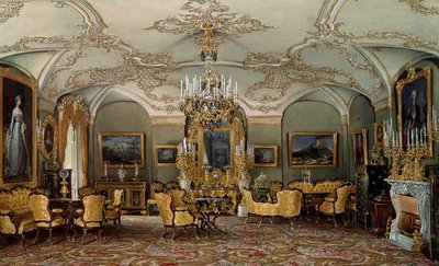 Ansicht des Salons von Alexandra Fjodorowna, Ehefrau von Zar Nikolaus I. im Gatchina-Palast (Aquarell) von Eduard Hau