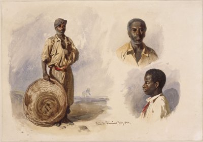 Drei Porträts von Afrobrasilianern: in Ganzfigur, stehend mit Korb, Brustbild eines Mannes en face und das eines Jungen im Profil von Eduard Hildebrandt