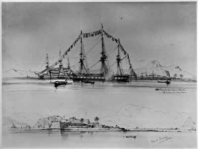 Dreimaster an der Küste und Ansicht eines Forts bei Rio de Janeiro von Eduard Hildebrandt