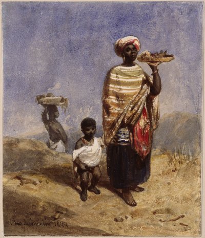 Eine Afrobrasilianerin, an der rechten Hand einen kleinen Knaben führend, mit der linken eine Fruchtschale stemmend von Eduard Hildebrandt