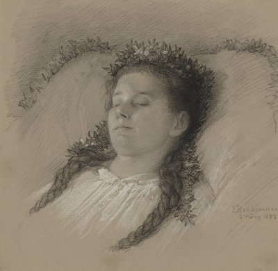 Ein Mädchen auf ihrem Sterbebett mit einer Blumenkrone von Eduard Julius Friedrich Bendemann