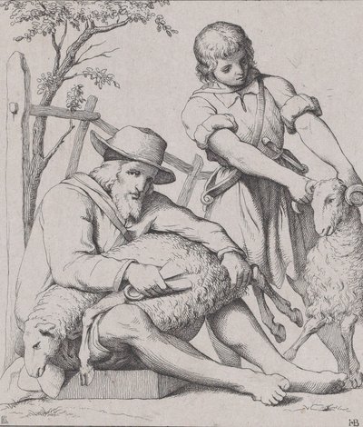 Zwei Männer beim Schafscheren, ca. 1842 von Eduard Julius Friedrich Bendemann