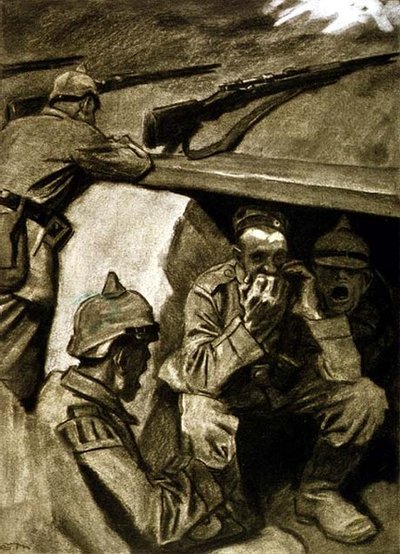 Eine Mundharmonika in den Schützengräben, Illustration aus einer deutschen Zeitschrift, 