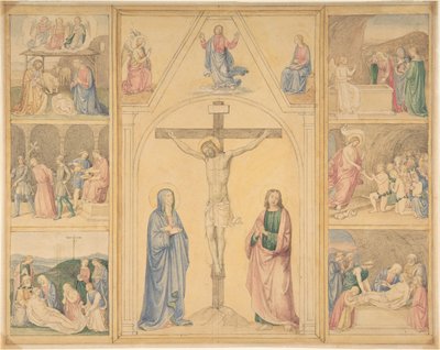 Christus am Kreuz mit sechs Szenen aus dem Leben Christi, ca. 1850 von Eduard von Steinle