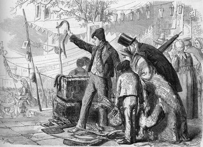 Neapolitanischer Beruf: Der Aalverkäufer in Neapel im Jahr 1864. Nach einer Skizze von Eduardo Dalbono. von Eduardo Dalbono
