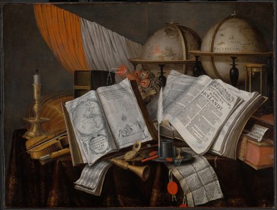 Vanitas-Stillleben mit einer Flagge, Kerzenhalter, Musikinstrumenten, Büchern, Schreibutensilien... von Edwaert Collier